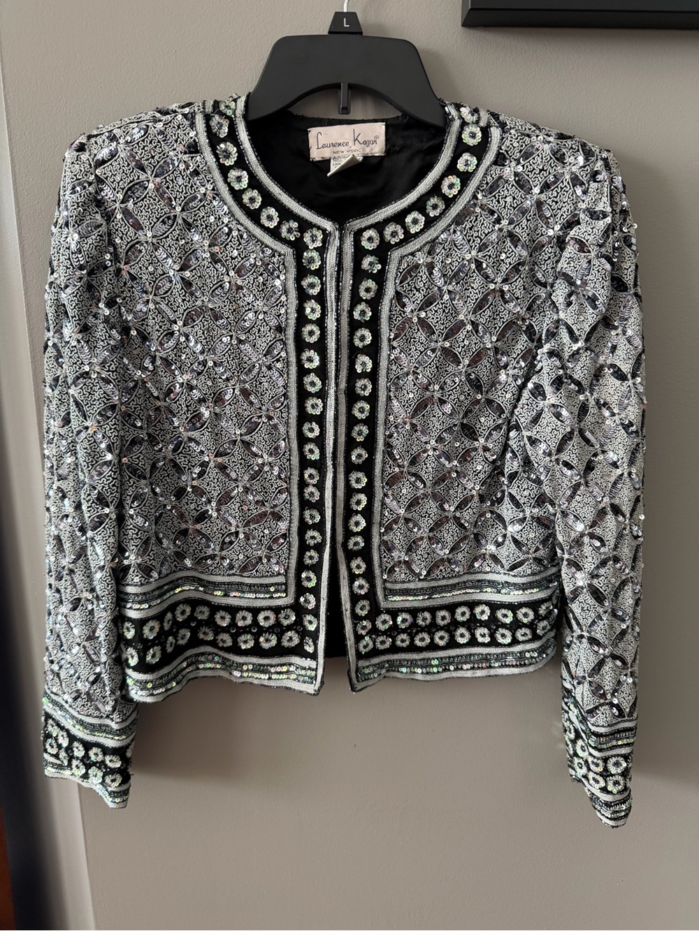 Vintage Laurence Kazar Black and Silver Beaded Cropped Jacket. Small